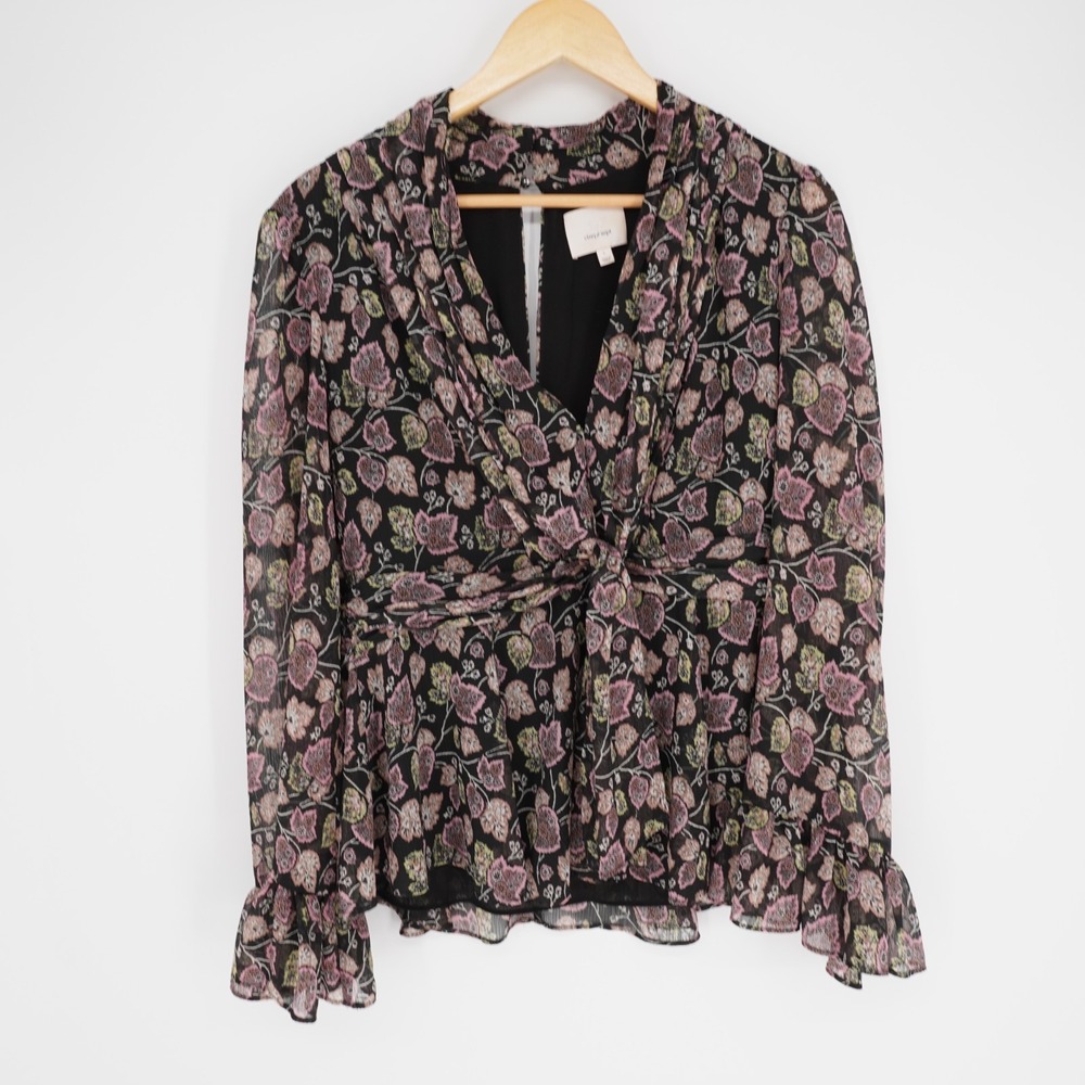 Cinq a Sept Floral Blouse Womens L Black Chiffon Pleated Ruffle  Empire Waist